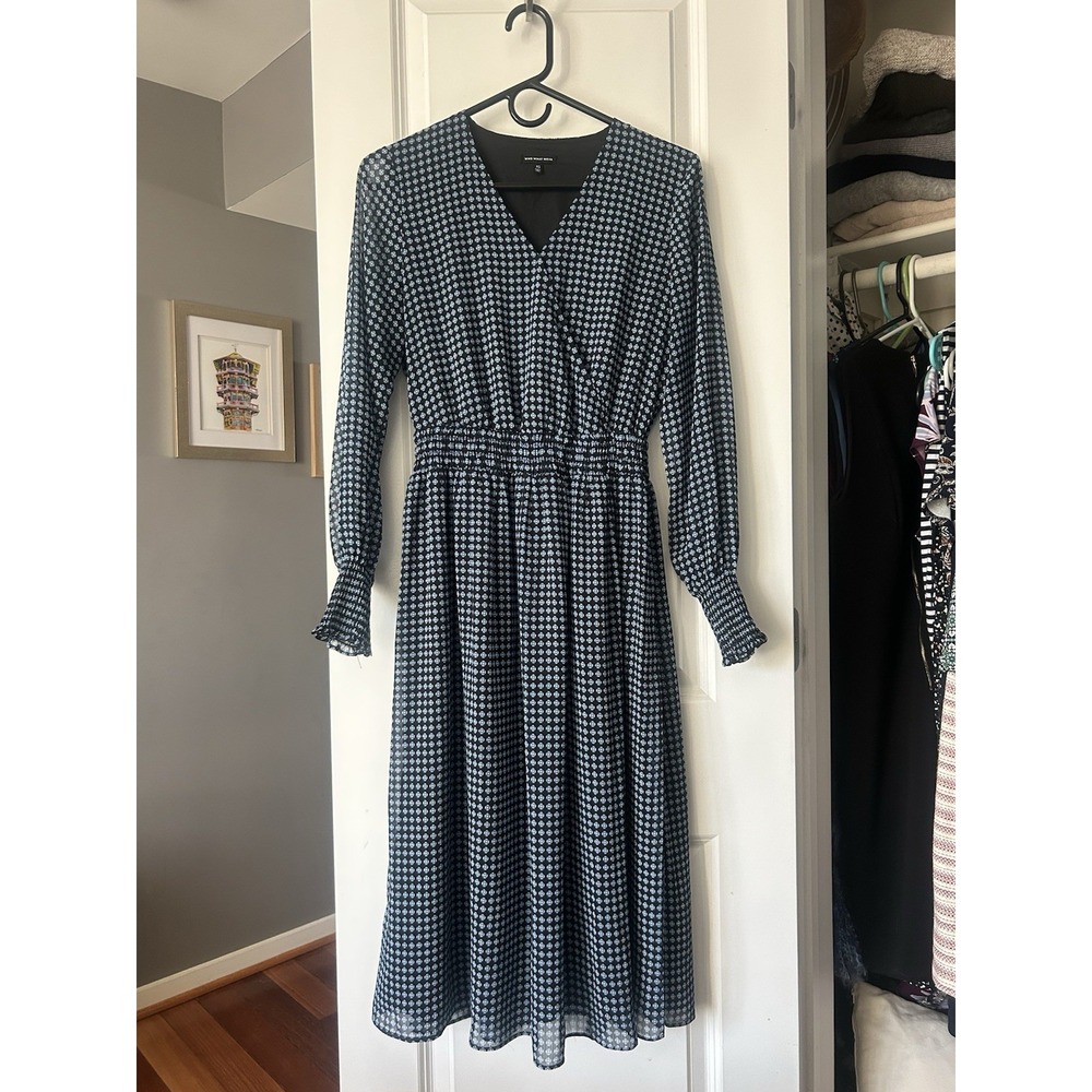 WHO WHAT WEAR Midi Dress Blue Balloon Sleeve V neck wrap top elastic waist XS